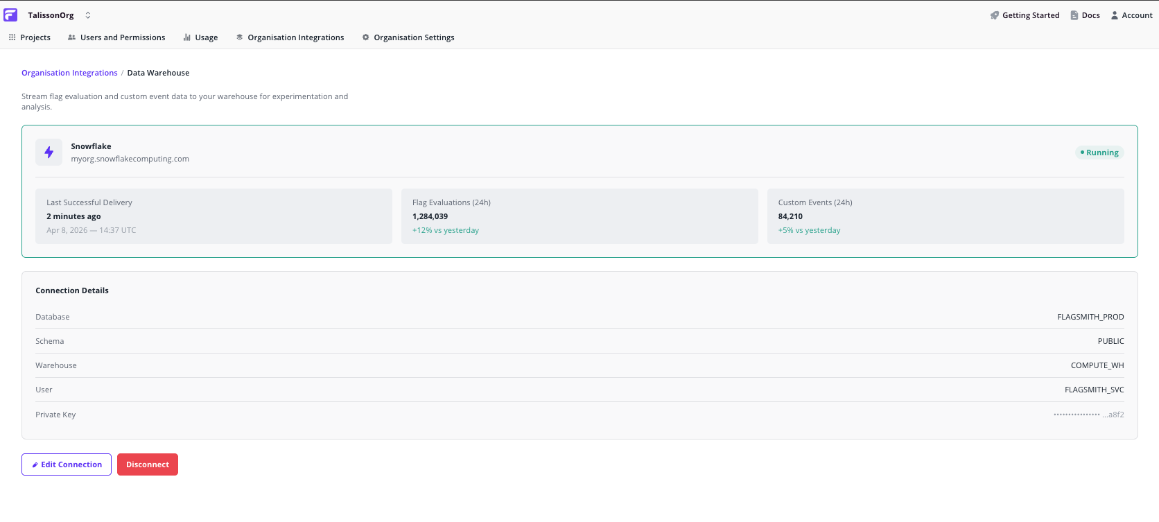 Connected state — live stats card showing 24h flag evaluations and custom events, plus connection details grid