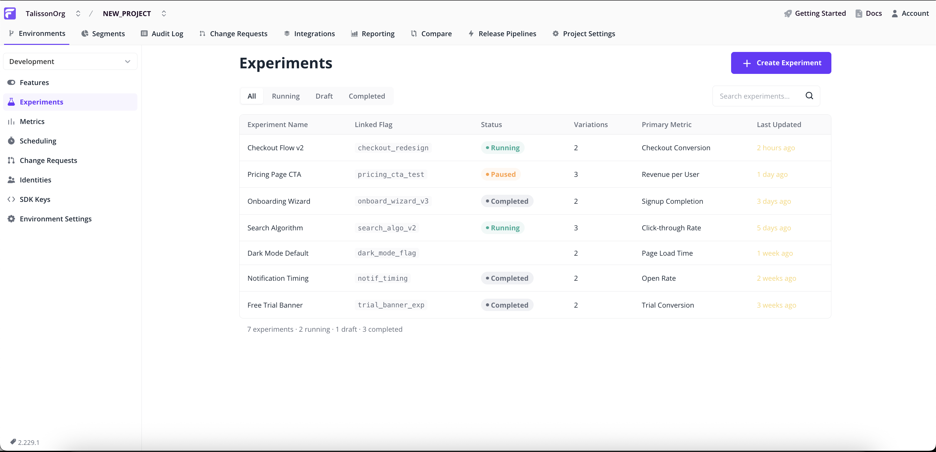 Experiments list page with a mix of Running, Completed, and Draft rows, highlighting the Create Experiment button